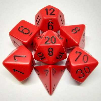 Ensemble de 7 dés polyédriques opaque rouge avec chiffres noirs