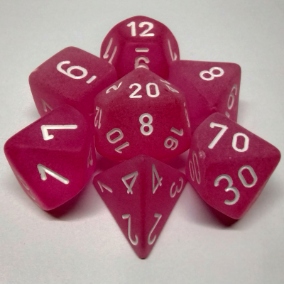 Ensemble de 7 dés polyédriques Givrés rose avec chiffres blancs