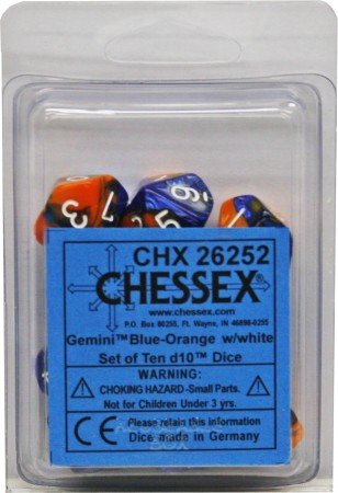 Ensemble de 10 d10 Gemini bleu/orange avec chiffres blancs - discontinué