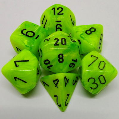 Ensemble de 7 dés polyédriques Vortex Vert Pétant avec chiffres noirs