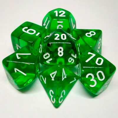 Ensemble de 7 dés polyédriques transparents vert avec chiffres blancs