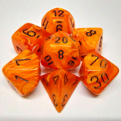 Ensemble de 7 dés polyédriques Vortex -  orange avec chiffres noirs