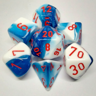 Ensemble de 7 dés polyédriques Gemini bleu astral/blanc avec chiffres rouges