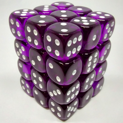 Brique de 36 d6 12mm transparents violets avec points blancs