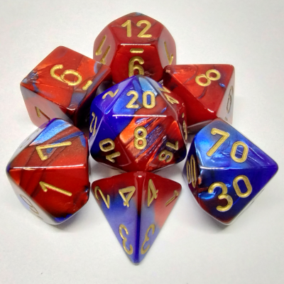 Ensemble de 7 dés polyédriques Gemini bleu/rouge avec chiffres dorés