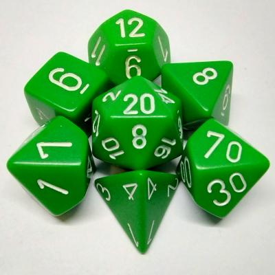 Ensemble de 7 dés polyédriques opaques vert avec chiffres blancs