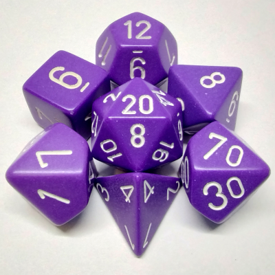 Ensemble de 7 dés polyédriques opaques violet avec chiffres blancs