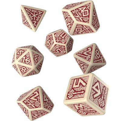 Ensemble de 7 dés polyédriques Dwarven beiges avec chiffres bourgognes