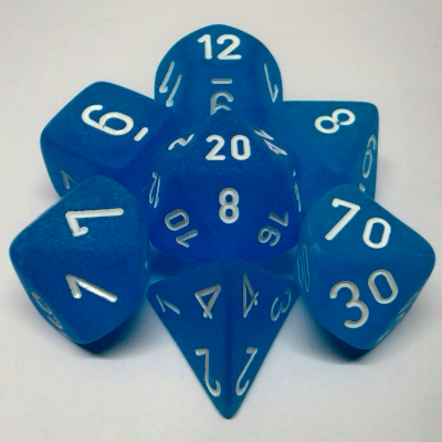 Ensemble de 7 dés polyédriques bleu des Caraibes avec chiffres blancs