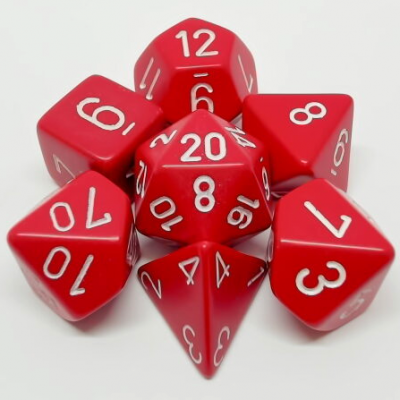 Ensemble de 7 dés polyédriques opaques rouge avec chiffres blancs