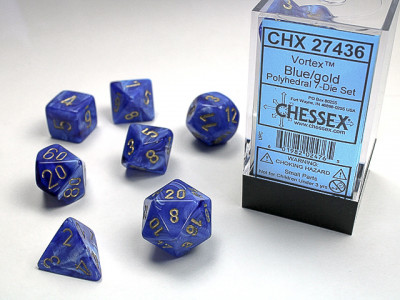 Ensemble de 7 dés polyédriques Vortex  bleu avec chiffres dorés