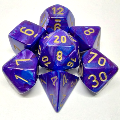 Ensemble de 7 dés polyédriques Lustrous violets avec chiffres dorés