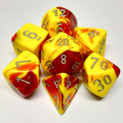 Ensemble de 7 dés polyédriques Gemini rouge/jaune avec chiffres argentés