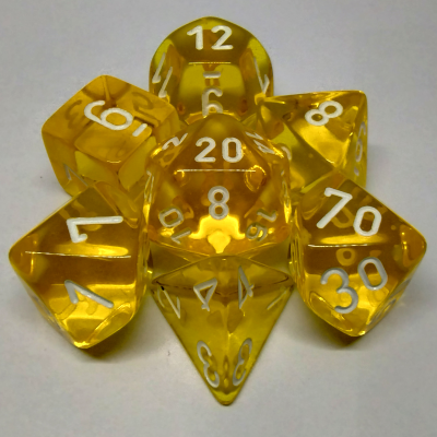 Ensemble de 7 dés polyédriques transparents jaune avec chiffres blancs