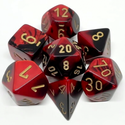 Ensemble de 7 dés polyédriques Gemini noir/rouge avec chiffres dorés