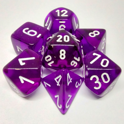 Ensemble de 7 dés polyédriques transparents violet avec chiffres blancs