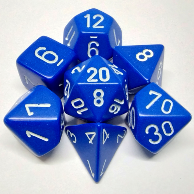 Ensemble de 7 dés polyédriques opaques bleu avec chiffres blancs