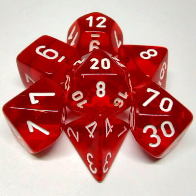 Ensemble de 7 dés polyédriques transparents rouge avec chiffres blancs