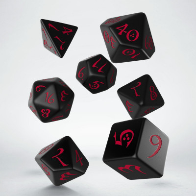 Ensemble de 7 dés polyédriques Classiques Noirs avec chiffres rouges