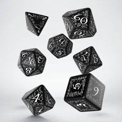 Ensemble de 7 dés polyédriques elfiques  noirs avec chiffres blancs