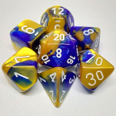 Ensemble de 7 dés polyédriques Gemini bleu/or avec chiffres blancs