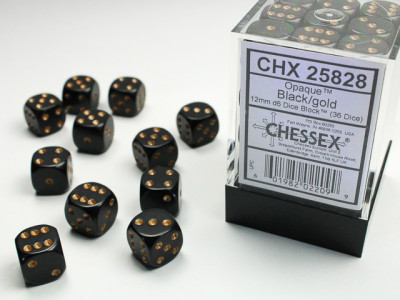 Brique de 36 d6 12mm opaques noir avec points dorés