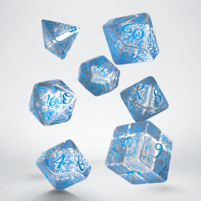 Ensemble de 7 dés polyédriques elfiques transparents clairs avec chiffres bleus