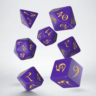 Ensemble de 7 dés polyédriques Classiques  Violets avec chiffres jaunes