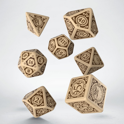 Ensemble de 7 dés polyédriques Steampunk Clockwork beiges avec chiffres bruns