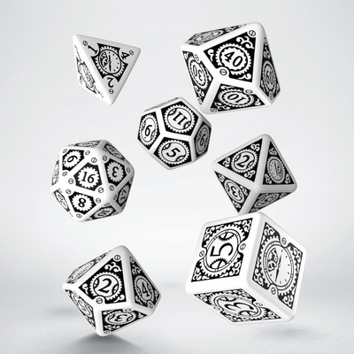 Ensemble de 7 dés polyédriques Steampunk Clockwork blancs avec chiffres noirs
