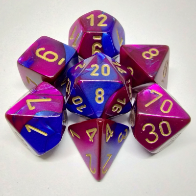 Ensemble de 7 dés polyédriques Gemini bleu/violet avec chiffres dorés