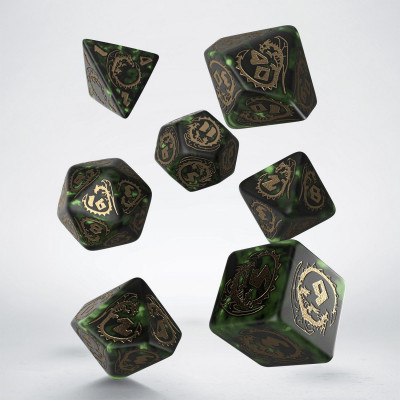 Ensemble de 7 dés polyédriques Dragon  verts avec chiffres d'or