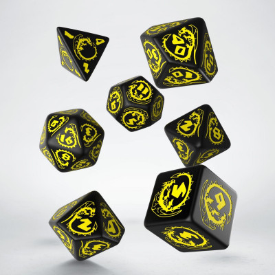 Ensemble de 7 dés polyédriques Dragon  noirs avec chiffres jaunes