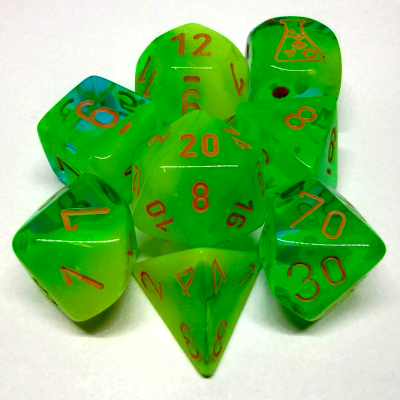Ensemble de 7 dés polyédriques Lab Dice 5 - Gemini Luminary Vert Plama-sarcelle avec chiffre orange