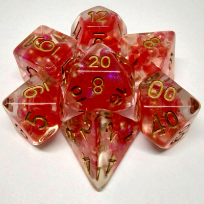 Dés bullus: kit de 7 dés polyédriques - rouge avec chiffres cuivrés