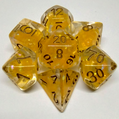 Dés de perles: kit de 7 dés polyédriques - citrine avec chiffres cuivrés