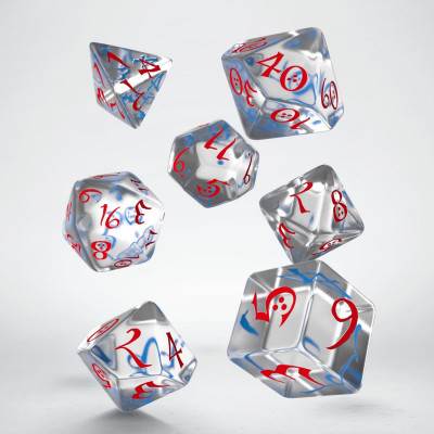 Ensemble de 7 dés polyédriques Classiques transparents clairs avec chiffres bleus-rouges
