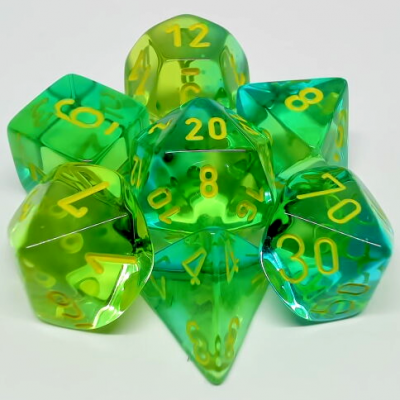 Ensemble de 7 dés polyédriques Gemini transparent vert-sarcelle avec chiffres jaunes