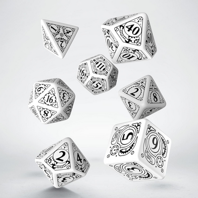 Ensemble de 7 dés polyédriques Steampunk blancs avec chiffres noirs