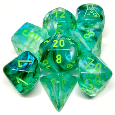 Ensemble de 7 dés polyédriques Lab Dice - Borealis Varech avec chiffres verts pâles