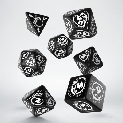 Ensemble de 7 dés polyédriques Dragon  noirs avec chiffres blancs