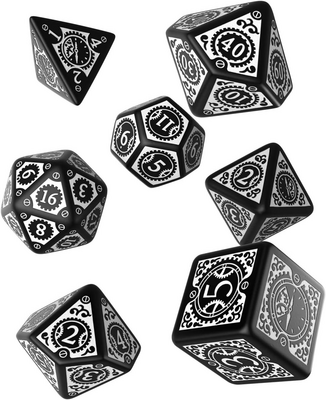 Ensemble de 7 dés polyédriques Steampunk noirs avec chiffres blancs