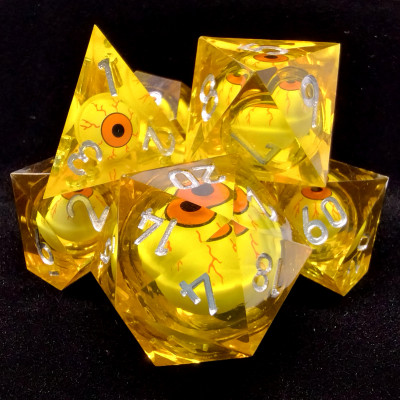 Miroirs de l'âme - kit de dés "Liquid Core" ambre avec pochette noire en suédine