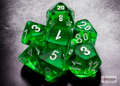 Ensemble de 7 dés polyédriques Mini - Transparent Vert avec chiffre blancs