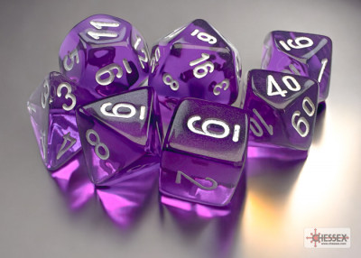 Ensemble de 7 dés polyédriques Mini - Transparent Violet avec chiffre blancs