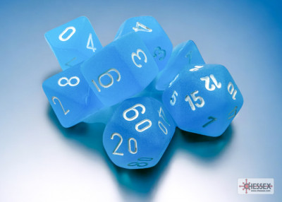 Ensemble de 7 dés polyédriques Mini - Givrés bleu caraïbes avec chiffre blancs