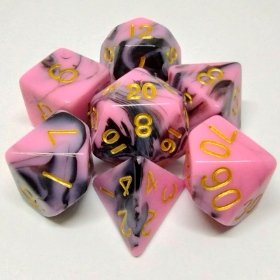 Kit de 7 dés acryliques - rose / noir avec chiffres dorés