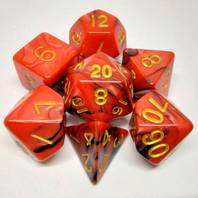 Kit de 7 dés acryliques - rouge / noir avec chiffres dorés