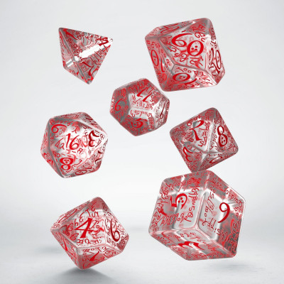 Ensemble de 7 dés polyédriques elfiques transparents clairs avec chiffres rouges