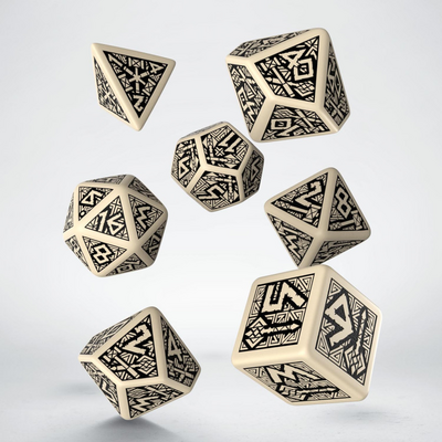 Ensemble de 7 dés polyédriques Dwarven beiges avec chiffres noirs